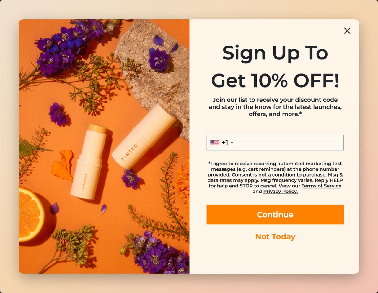 Live Tinted SMS popup example with an image of the product on the left side and a text in big fonts that says "Sign Up To Get 10% OFF!" and an orange call to action that says "continue"