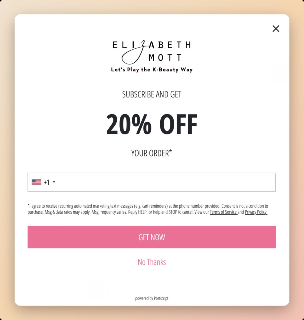 Elizabeth Mott SMS popup example with the brands logo on the top and a text in bold font that says "20% OFF" and a pink call to action that says "Get Now"