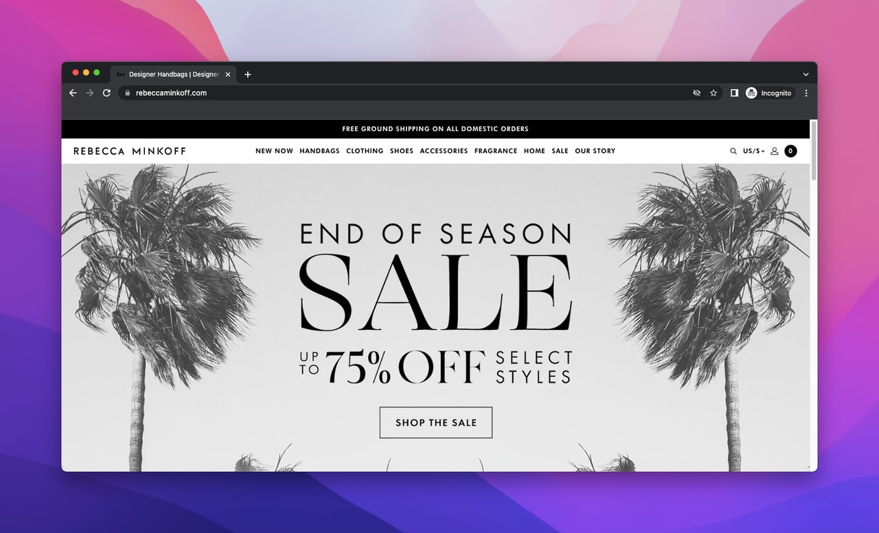 landing page of Rebecca Minkoff which is a Shopify store