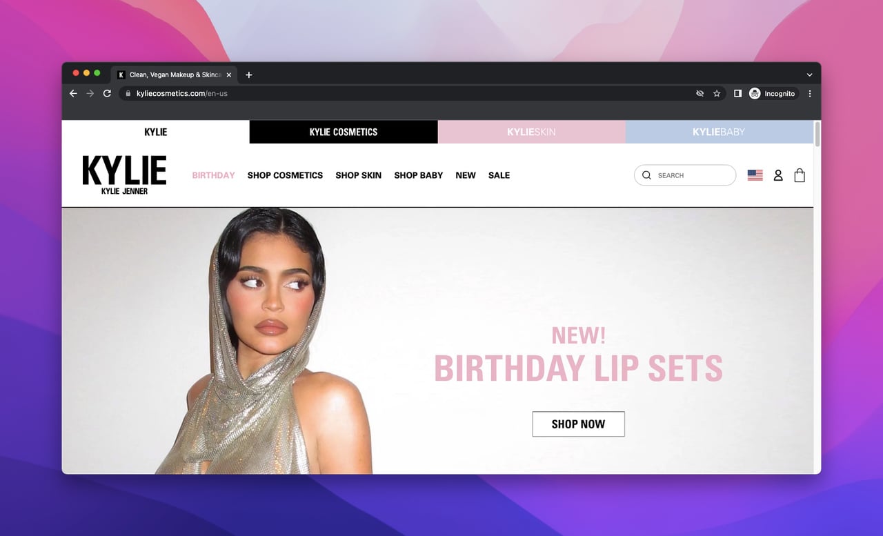 landing page of Kylie Cosmetics which is a Shopify store