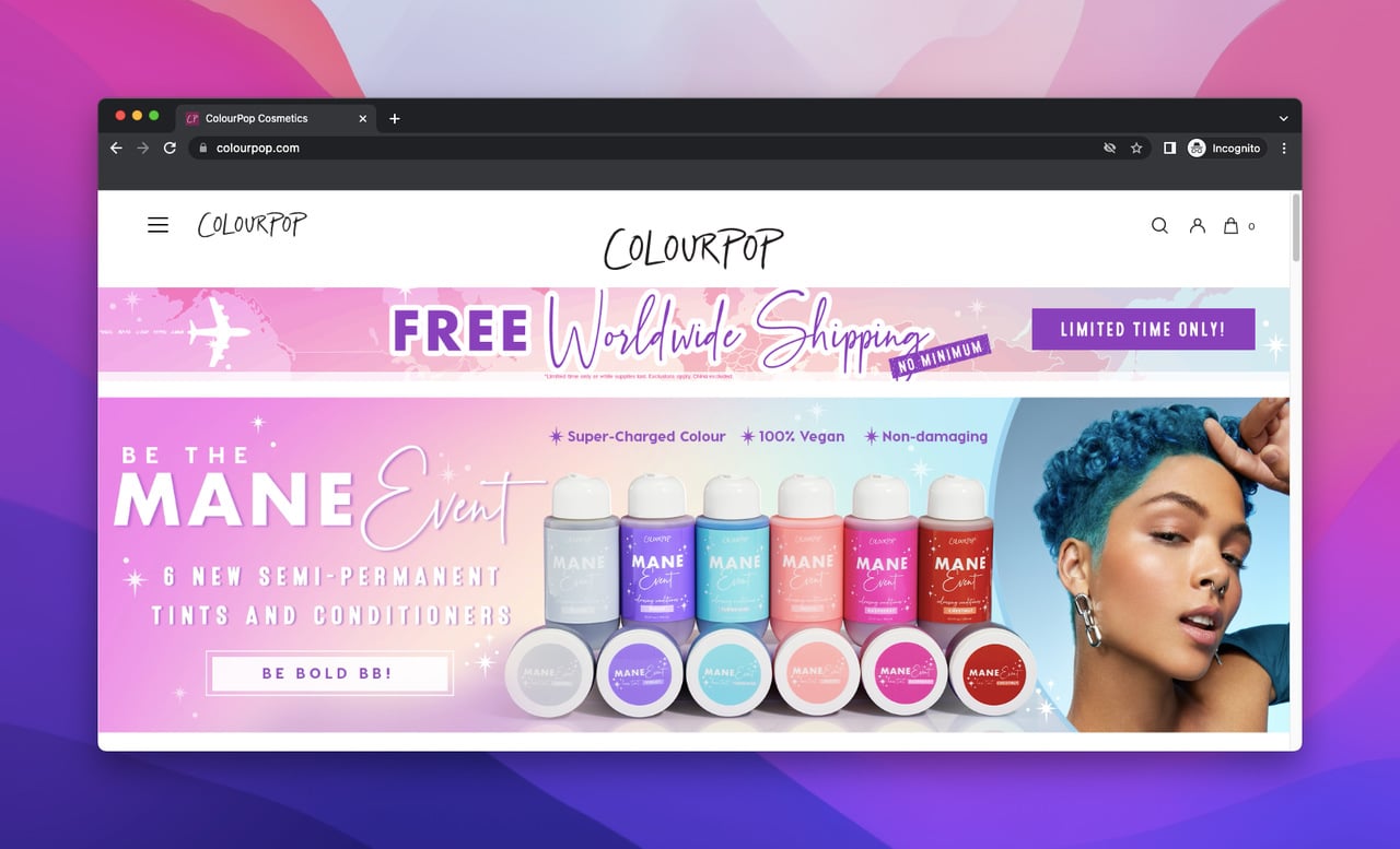 landing page of Colourpop which is a Shopify store