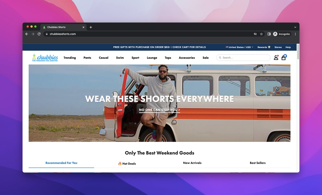 landing page of Chubbies which is a Shopify store