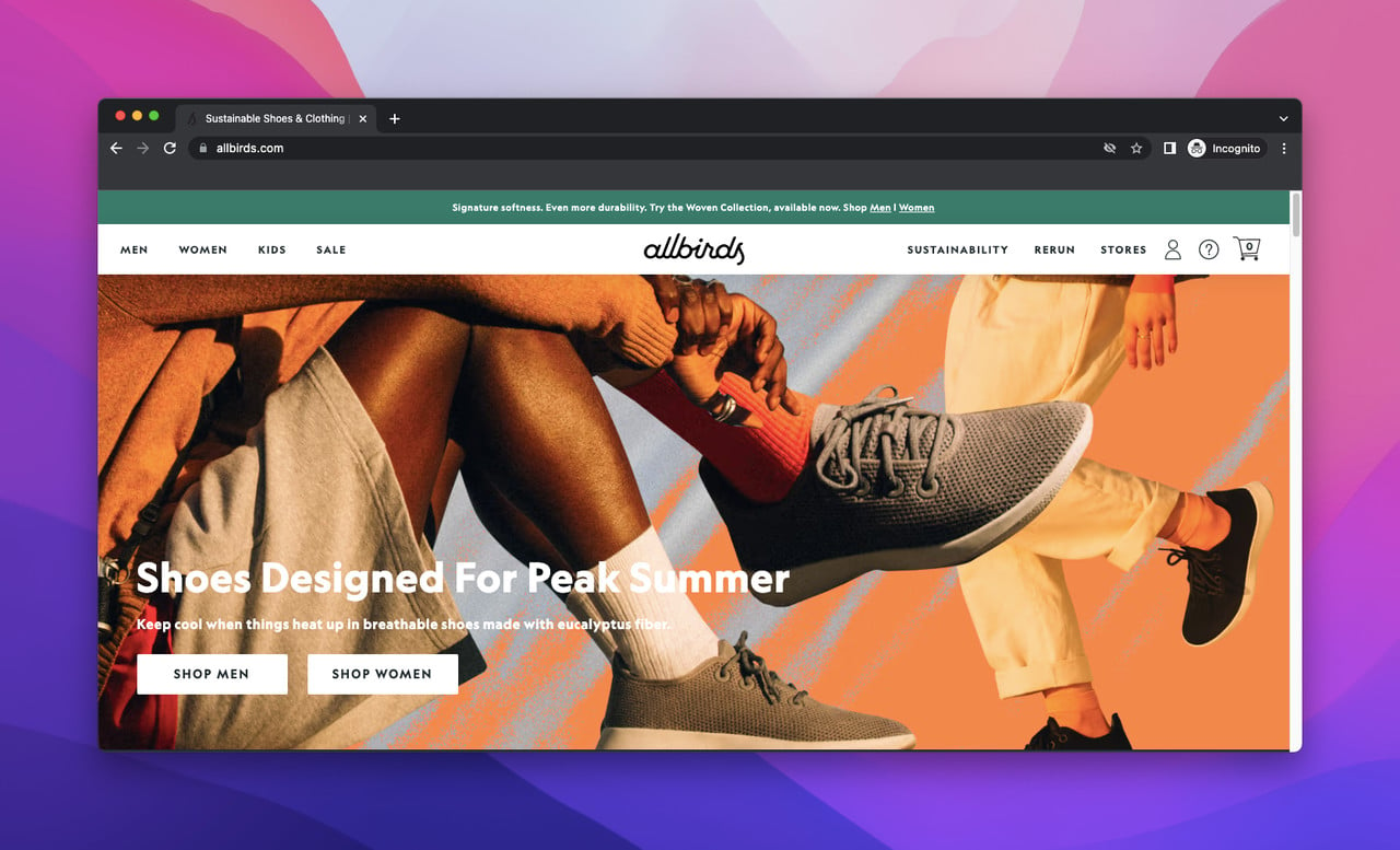 landing page of Allbirds which is a Shopify store