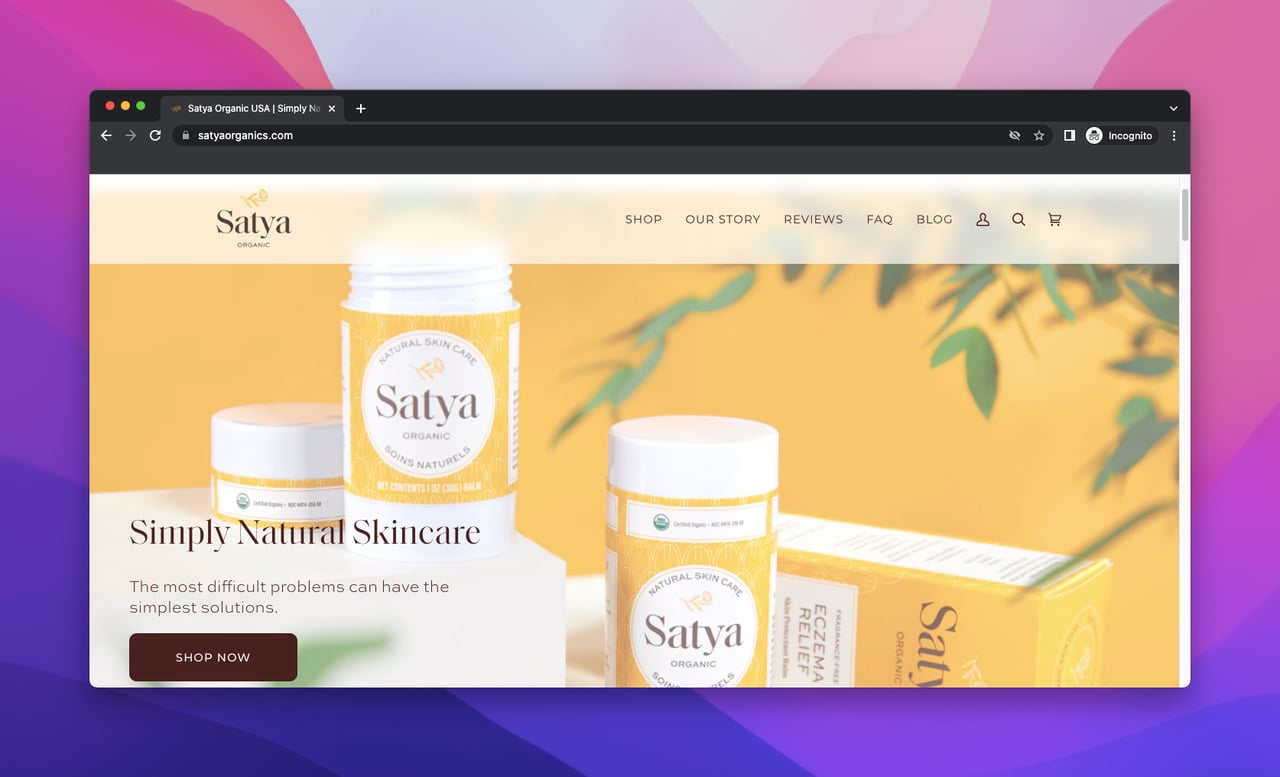 landing page of Satya which is a Shopify store