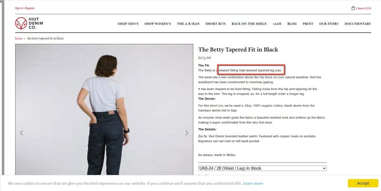 Hiut Denim product page copy