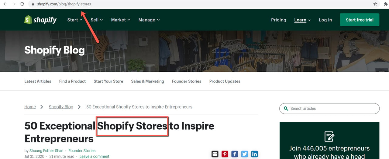 shopify page url