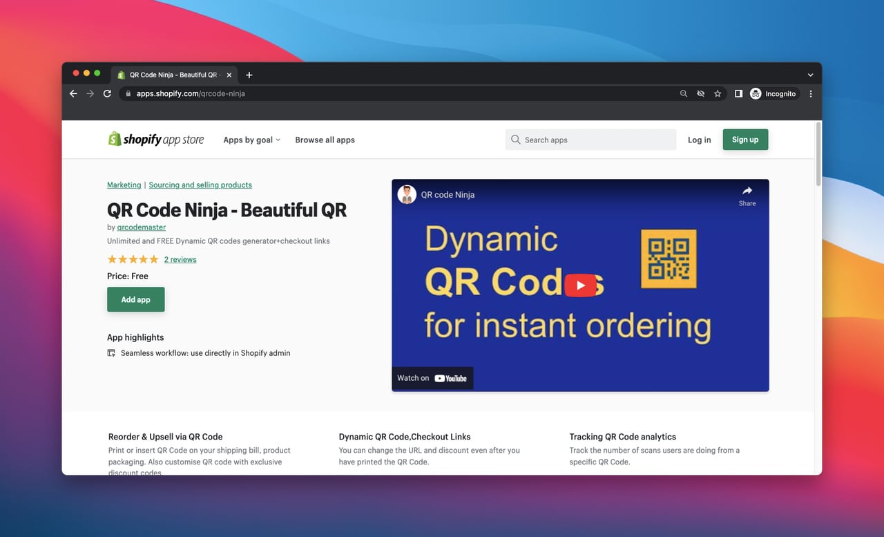 Shopify app store page of qr code ninja-beautiful QR