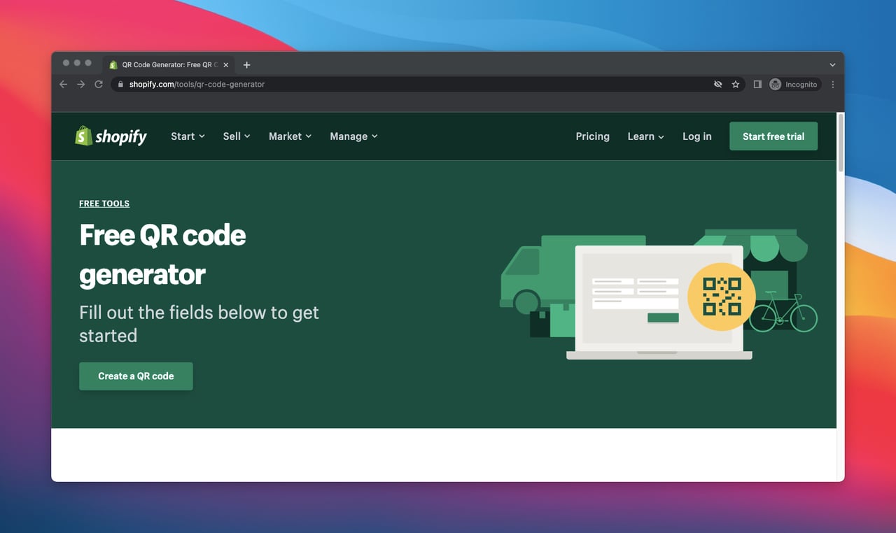 homepage of Free QR Code Generator by Shopify