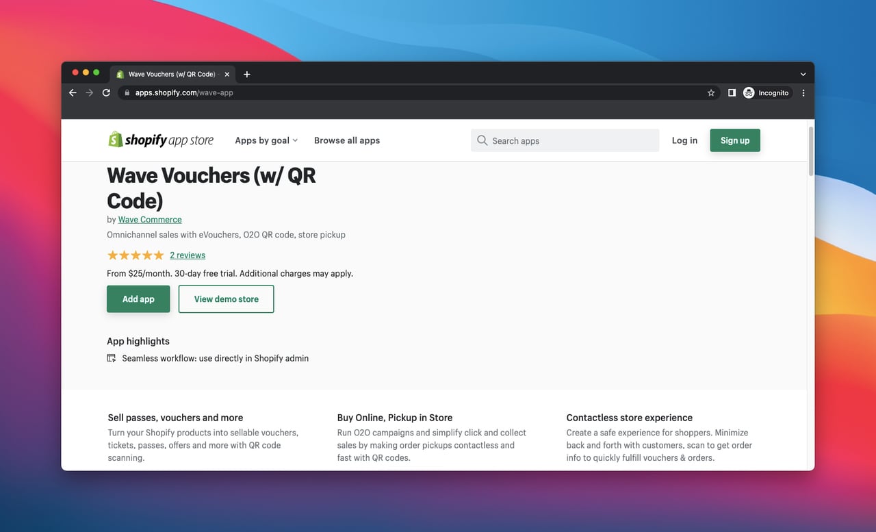 Shopify app store page of wave vouchers qr code generator