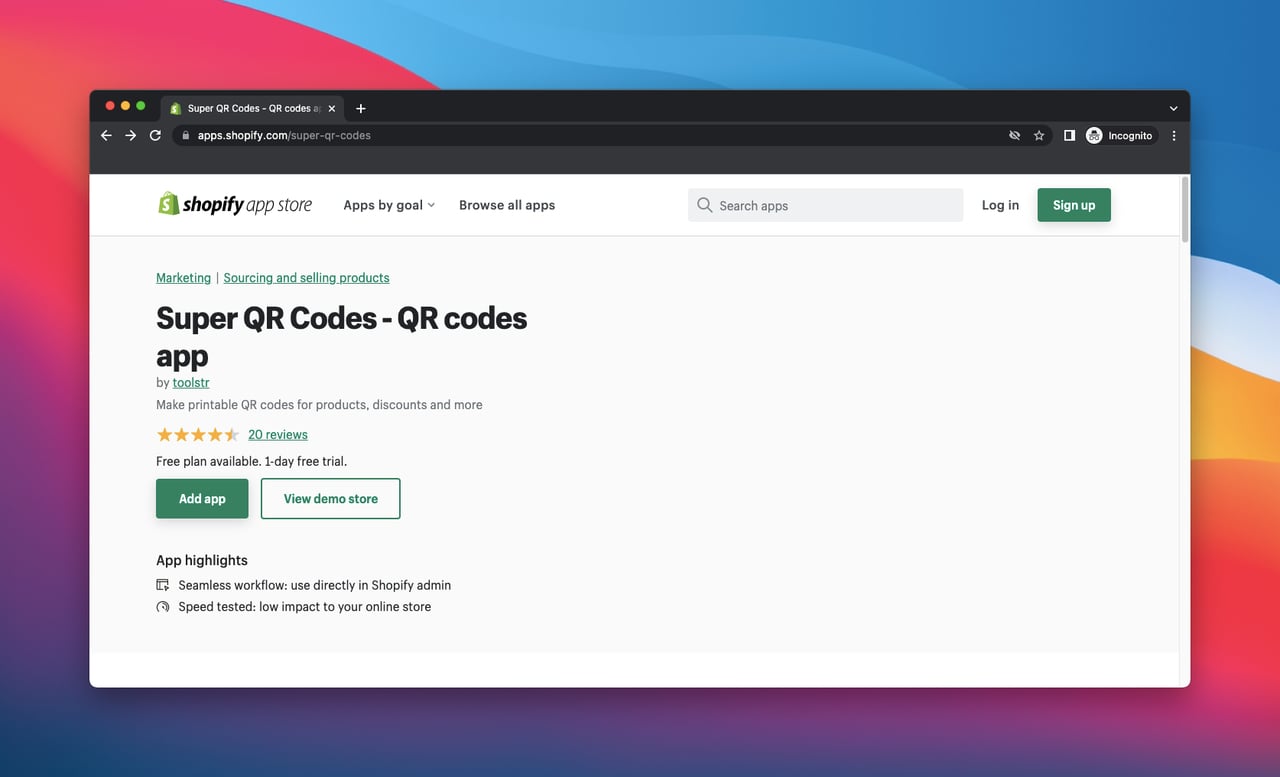 Shopify app store page of super qr codes