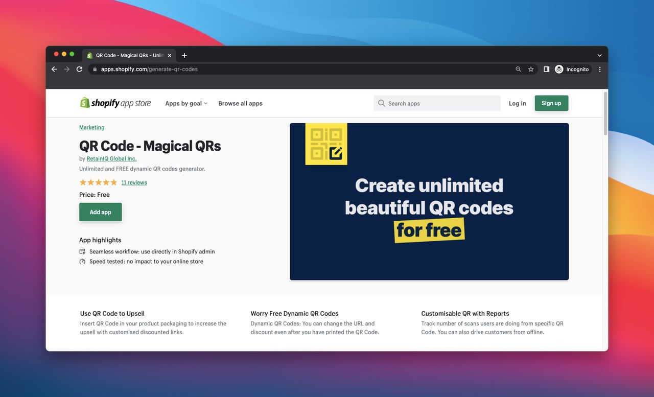 Shopify app store page of qr code magical qrs