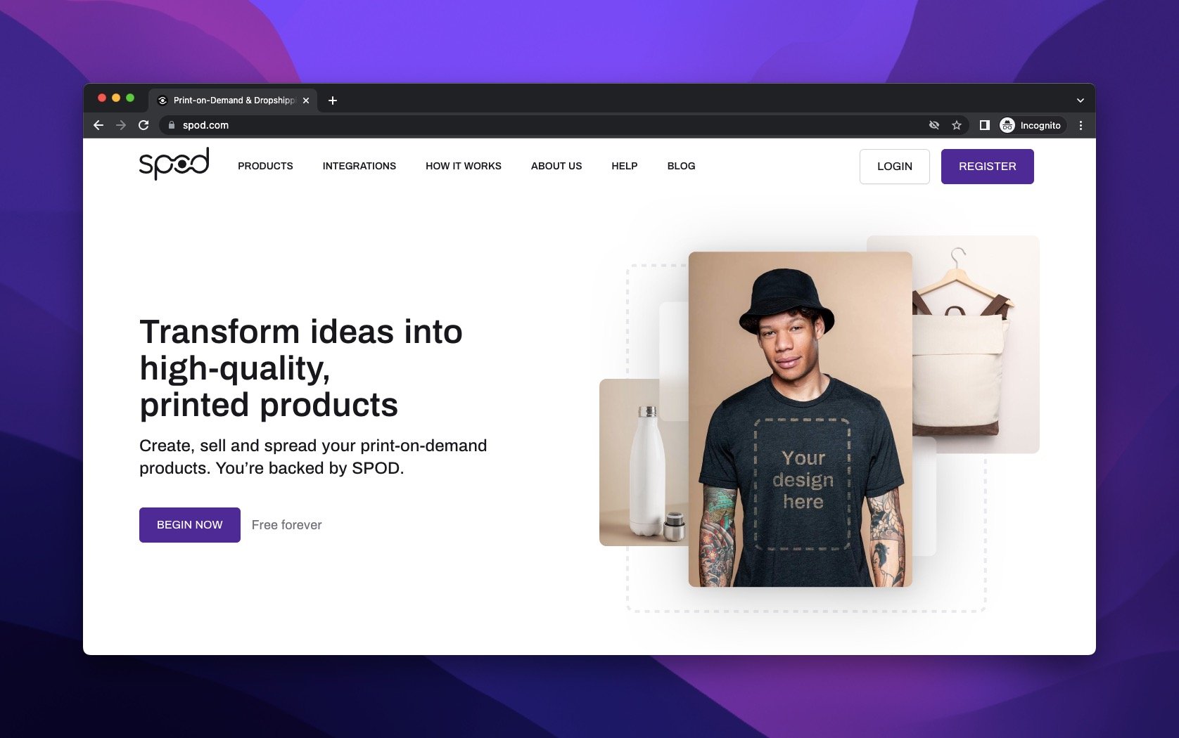 spod pod webpage on a white background with a man wearing a POD product and the purple CTA button ot start