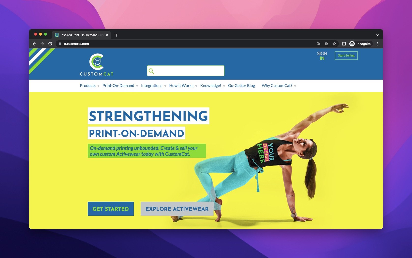 customcat webpage on a yellow and blue background with a woman figure doing workout