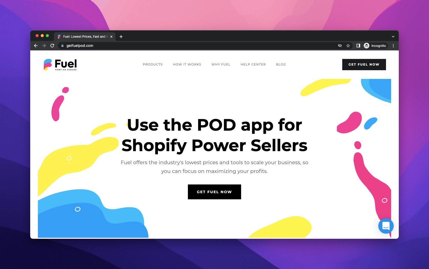 fuel pod webpage on a colourful background highlighting the using of pod for Shopify