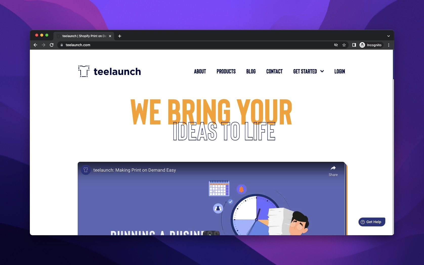 teelaunch webpage with an encouraging motto and a video to inform