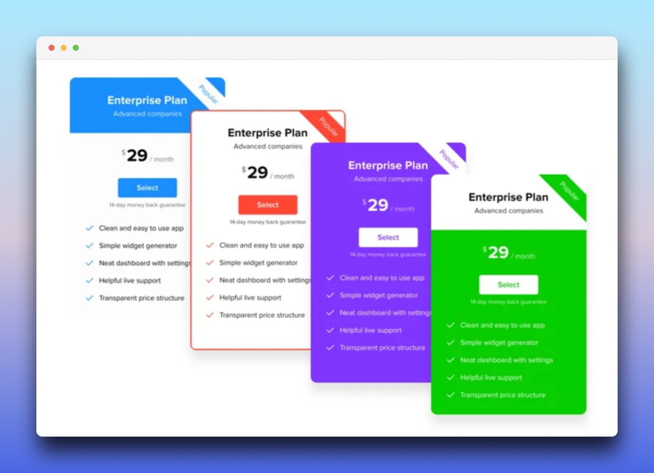 elfsight pricing table example with different color combinations of the same pricing example like blue and white, red and white, purple and green