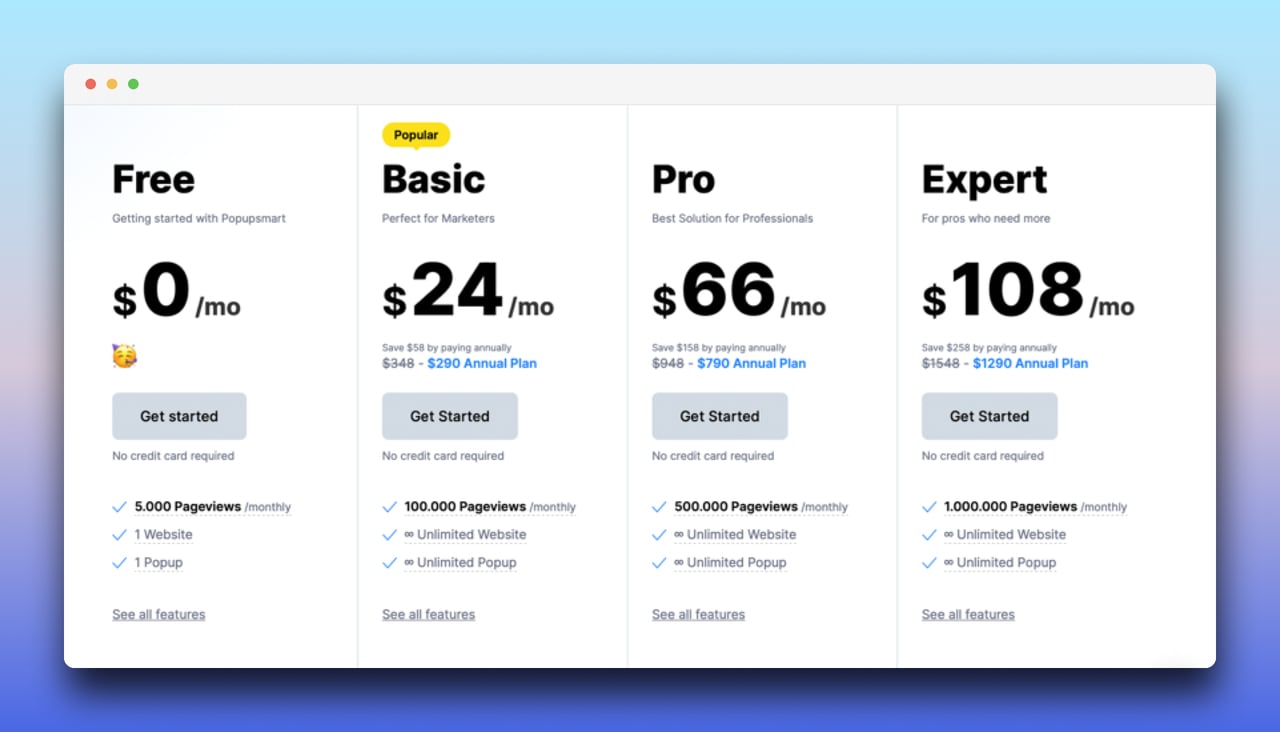 popupsmart's pricing table featuring categories free, basic, pro, and expert with different prices in USD and a popular tag on basic plan