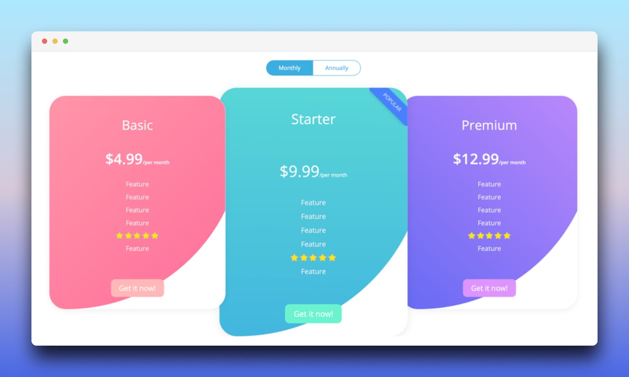 example 5 of pricing table templates by common ninja with the colors pink, blue and purple featuring basic, starter and premium plan