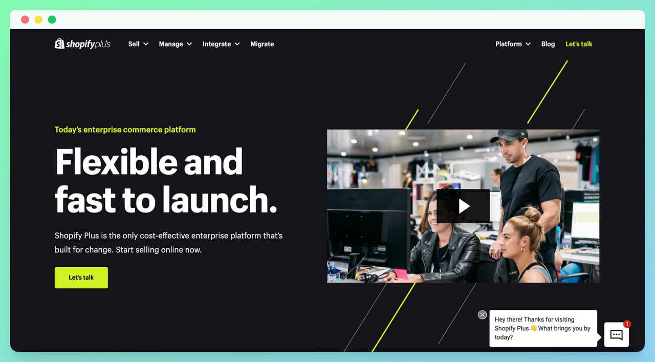 Shopify-plus-website-with-black-background-showing-its-advanced-features-bullet-points