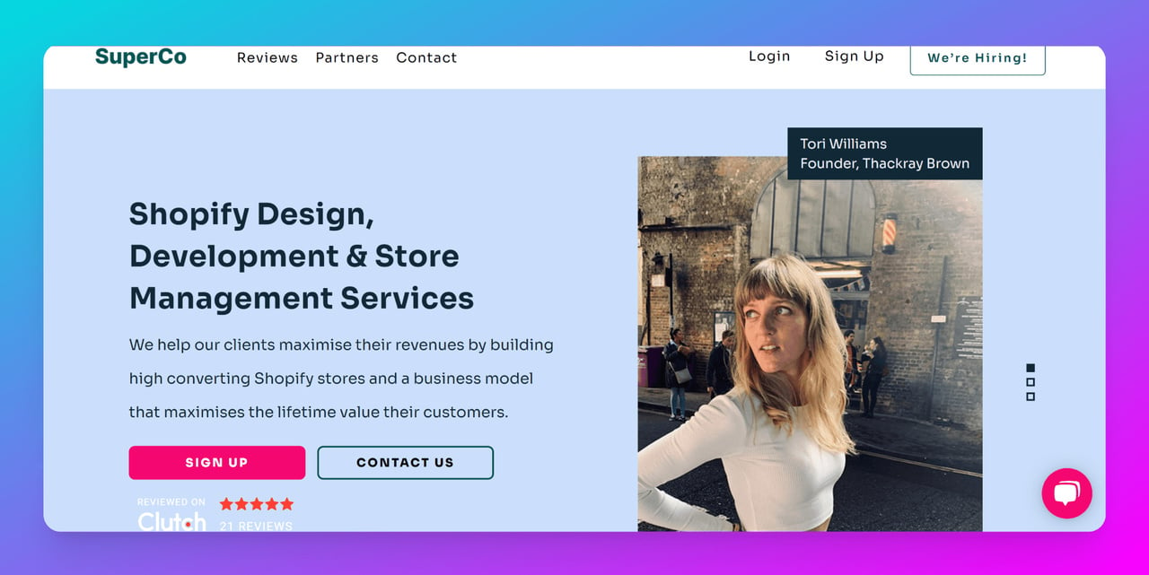 superco-website-screenshot-with-a-girl-looking-up-and-content-about-shopify-plus-agancy-in-uk