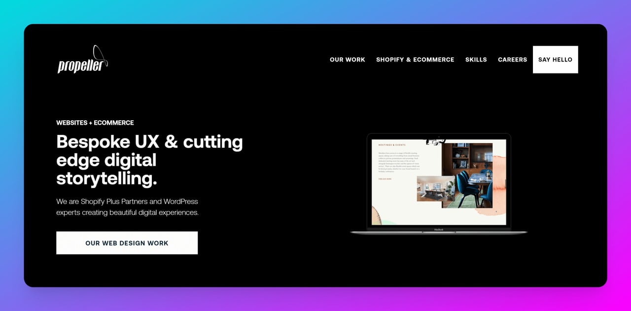 a screenshot of homepage with black background and content about Propeller, one of the Shopify Plus agencies in United Kingdom