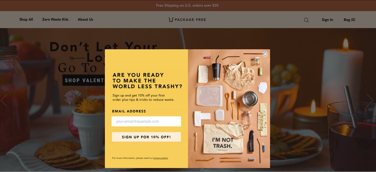 Packagefree Shop's Shopify newsletter popup example