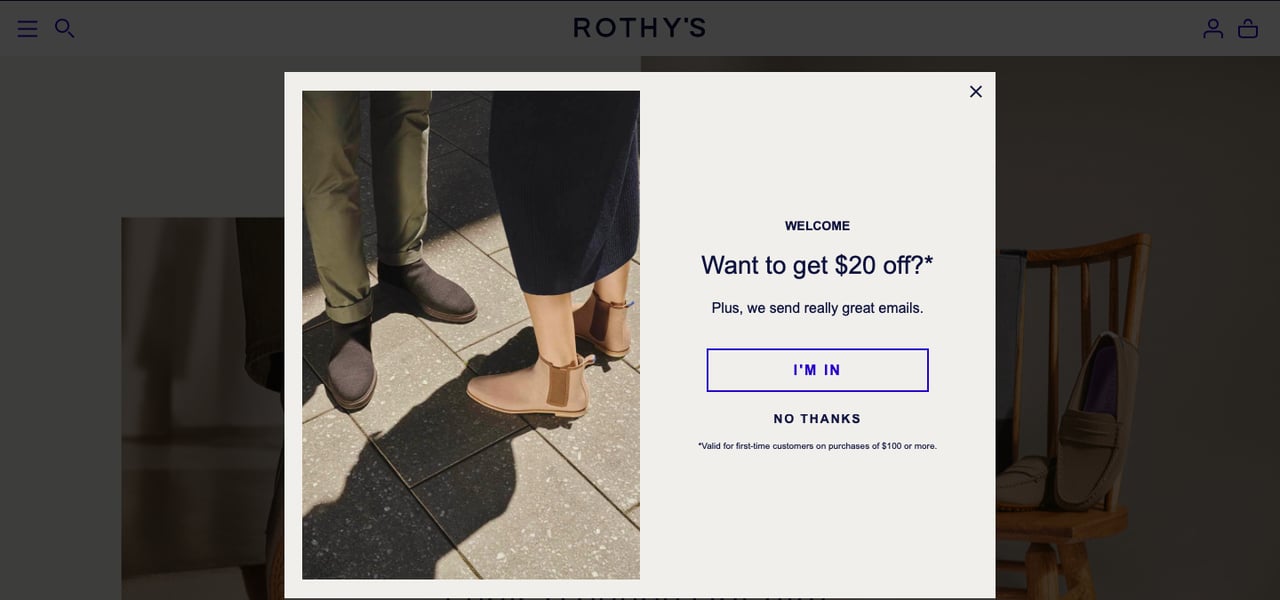 Rothy's' Shopify newsletter popup example