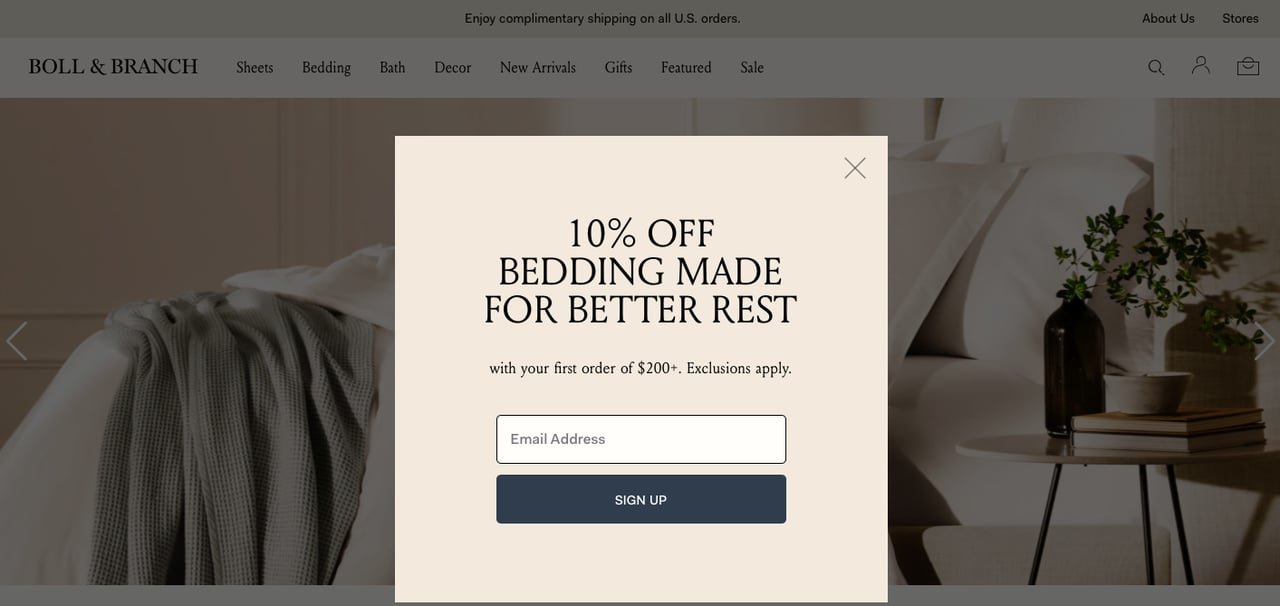 Boll and Branch's Shopify newsletter popup example