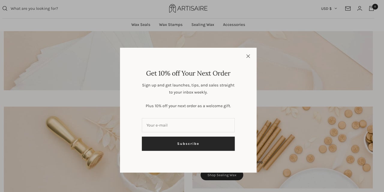 Artisaire's Shopify newsletter popup example