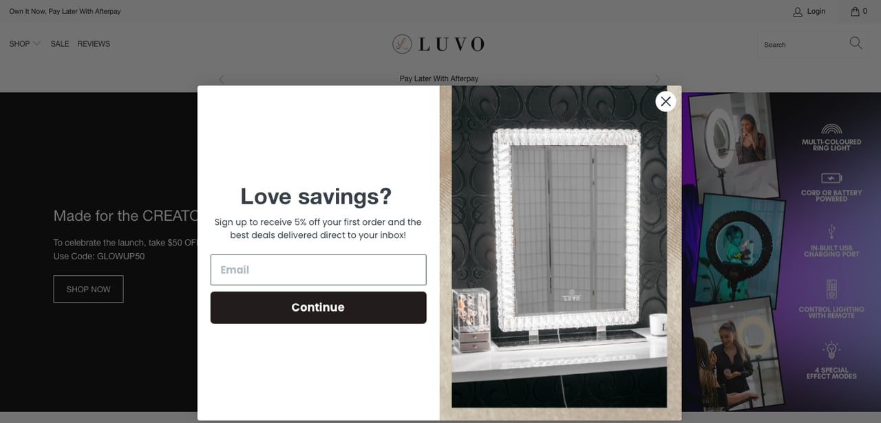 Luvostore's Shopify newsletter popup example