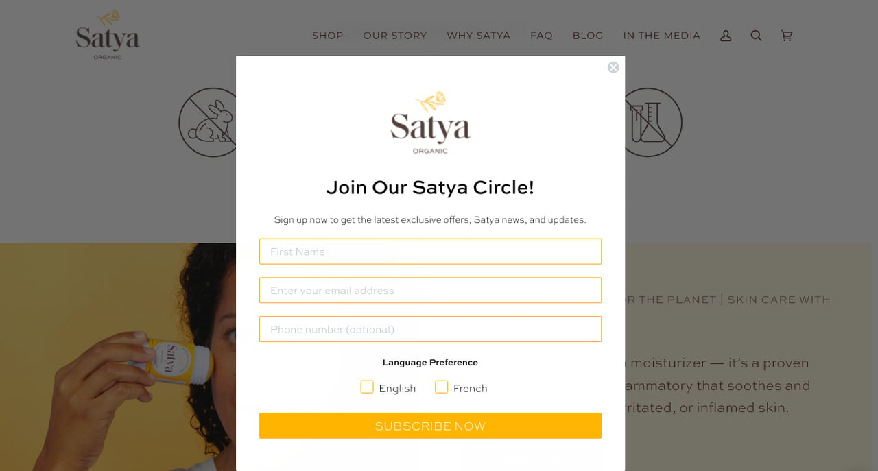 Satya's Shopify newsletter popup example