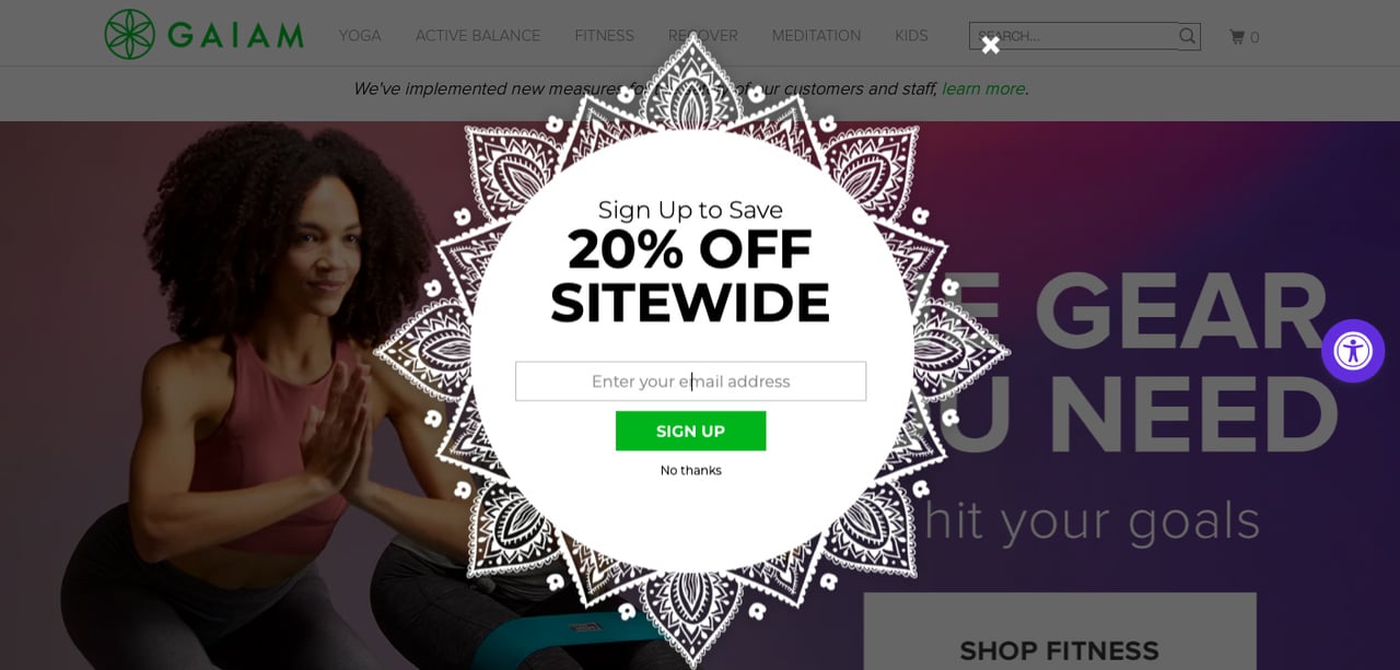 Gaiam's Shopify newsletter popup example