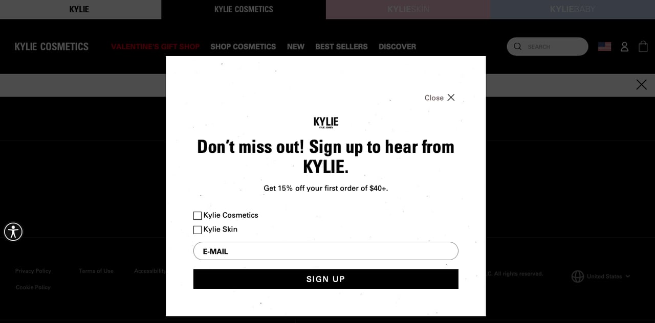 Kylie Cosmetics' Shopify newsletter popup example