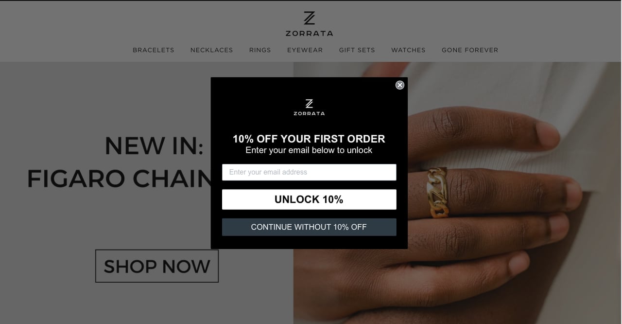 Zorrata's Shopify newsletter popup example