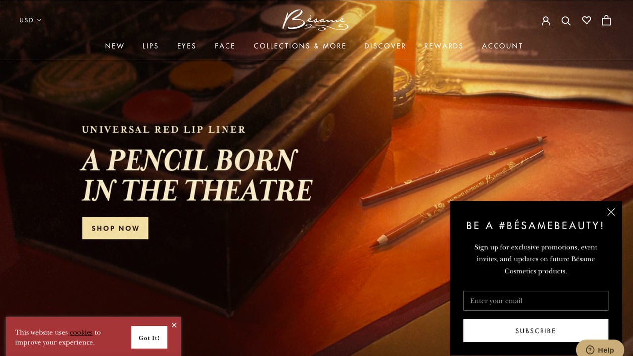 Besame Cosmetics' Shopify newsletter popup example