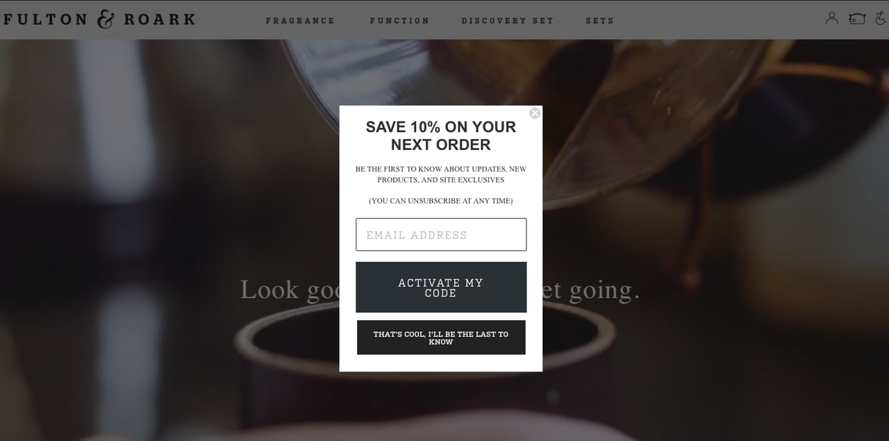 Fulton and Roark's Shopify newsletter popup example