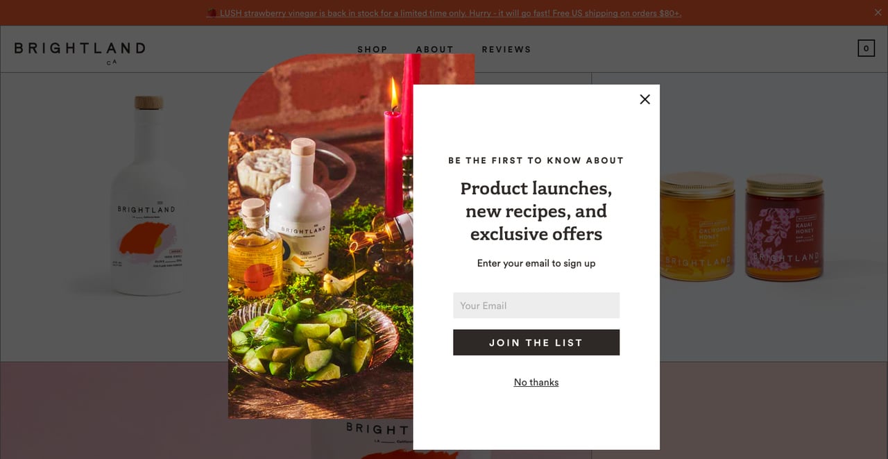 Brightland's Shopify newsletter popup example