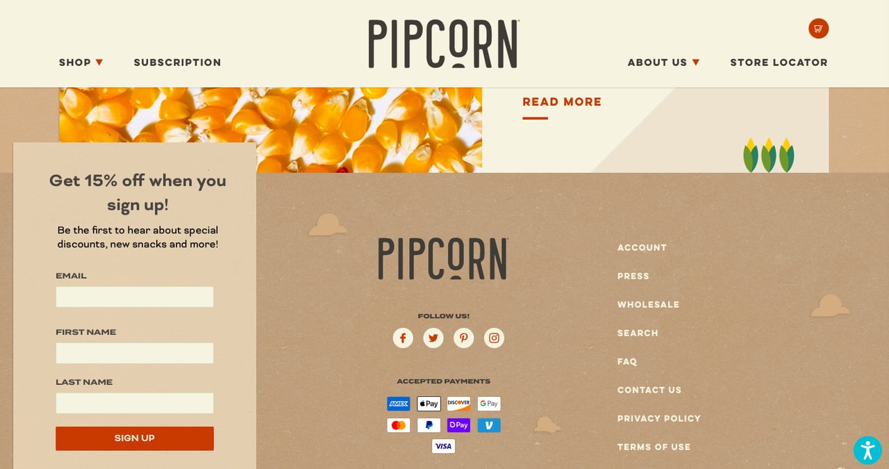 Pipcorn's Shopify newsletter popup example