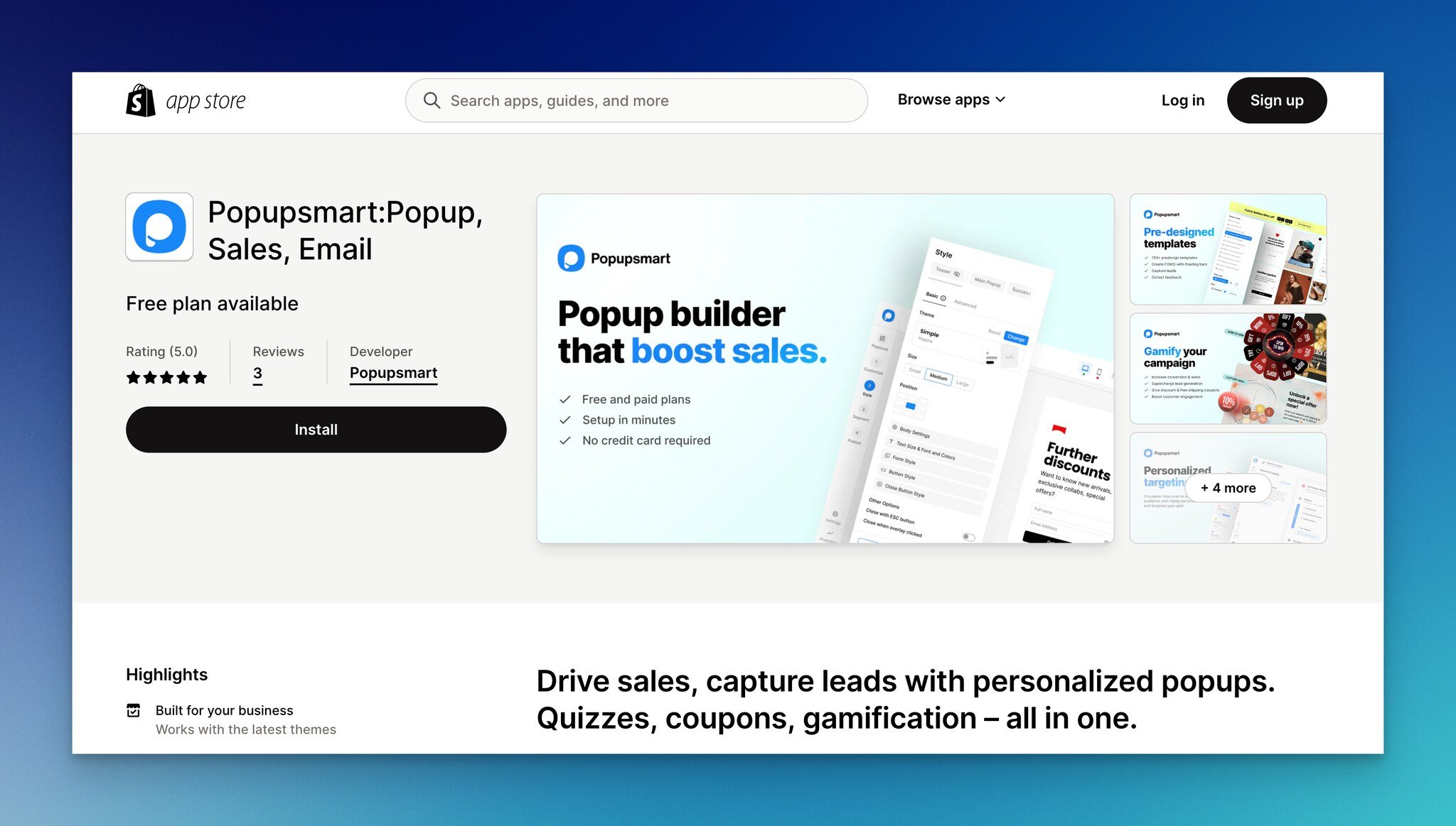 a screenshot of the landing page of Popupsmart’s Shopify application