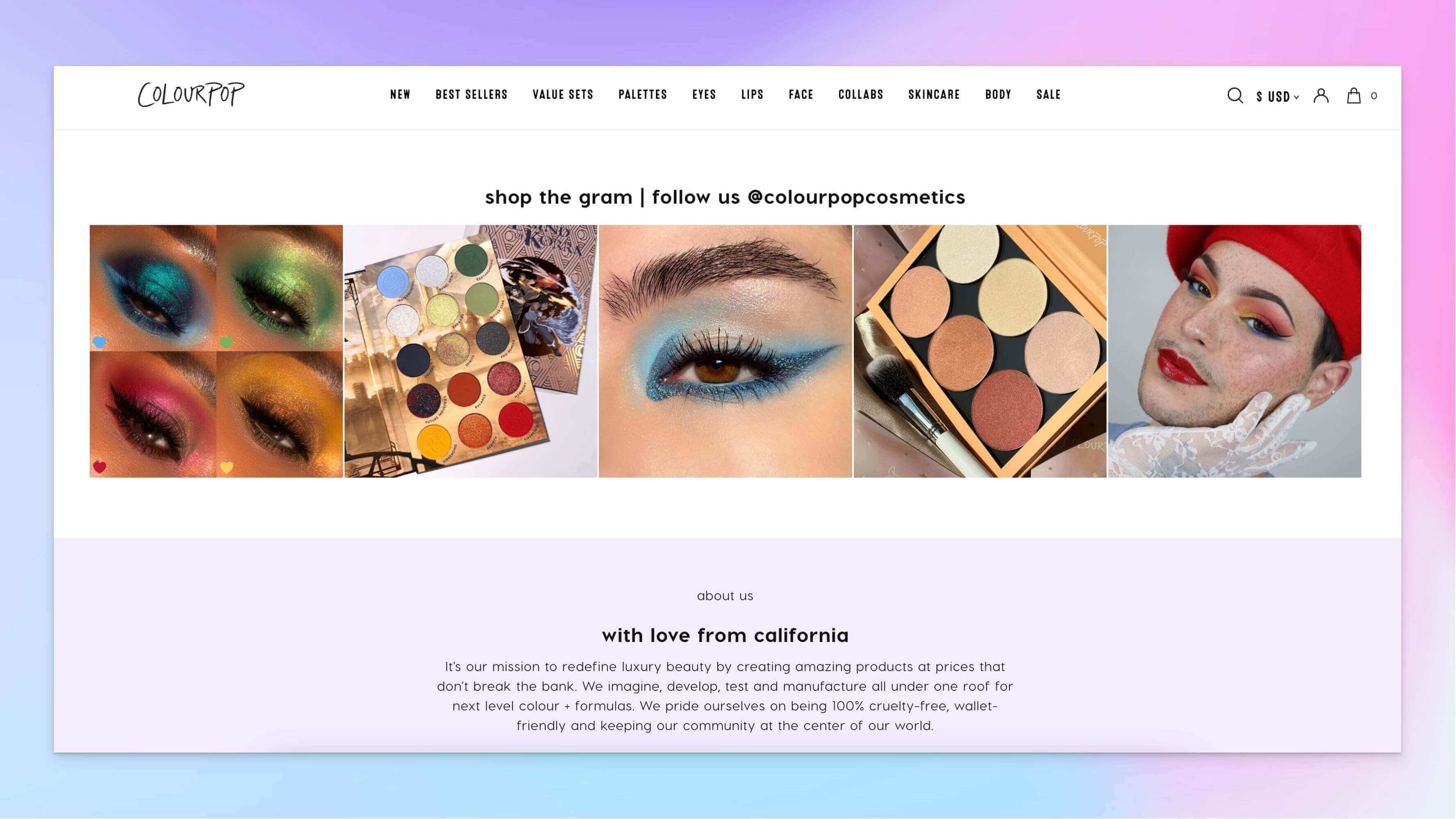 Colourpop's Instagram feed on its landing page