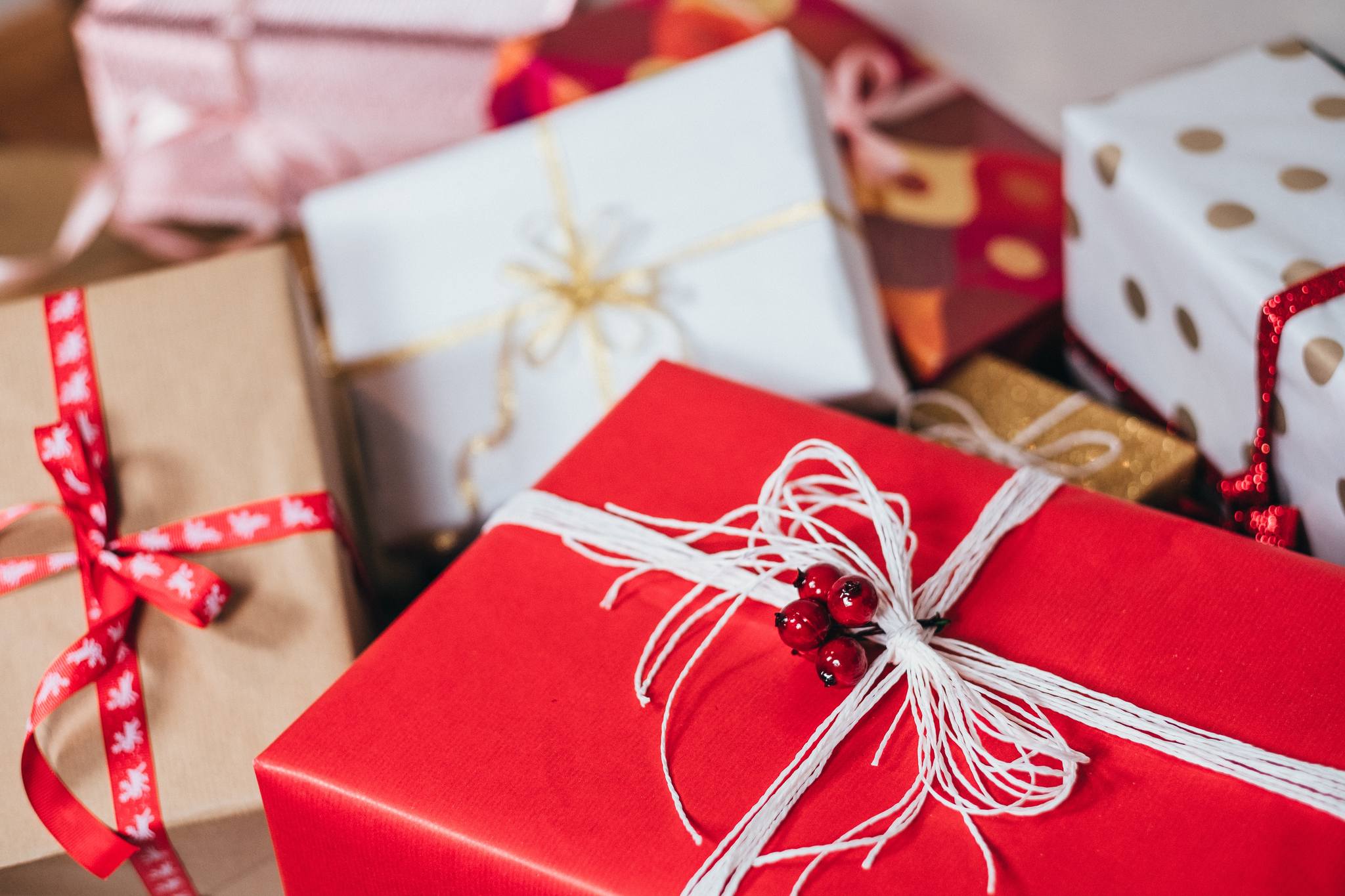 red and white gift boxes