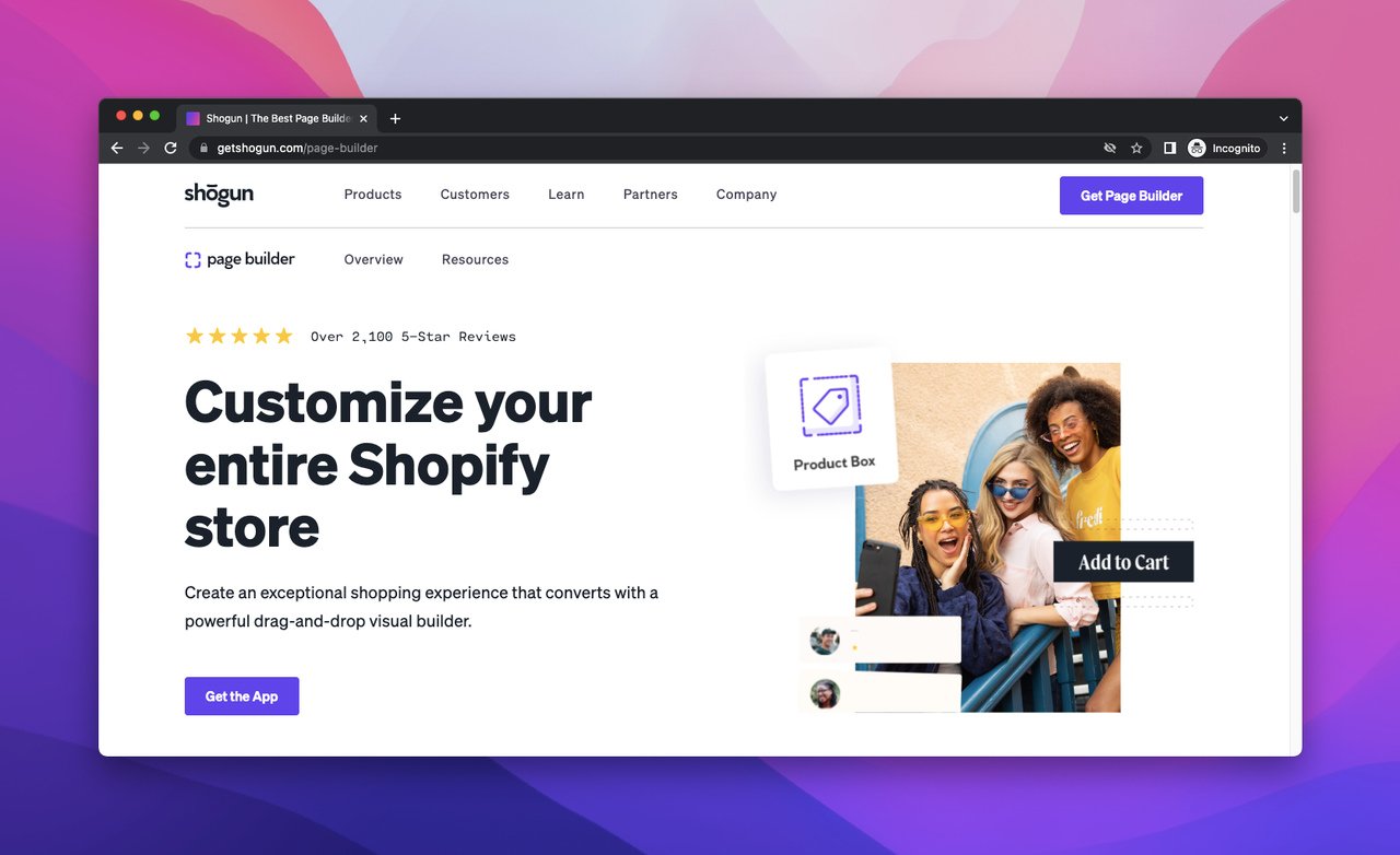 Shogun Shopify landing page app