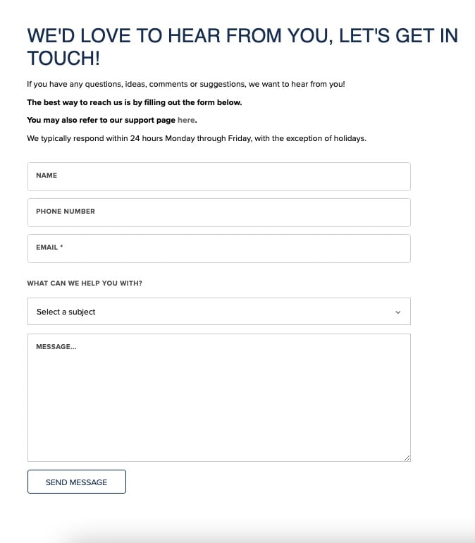 Untuckit's feedback and contact form example that says "We'd love to hear from you, let's get in touch!"