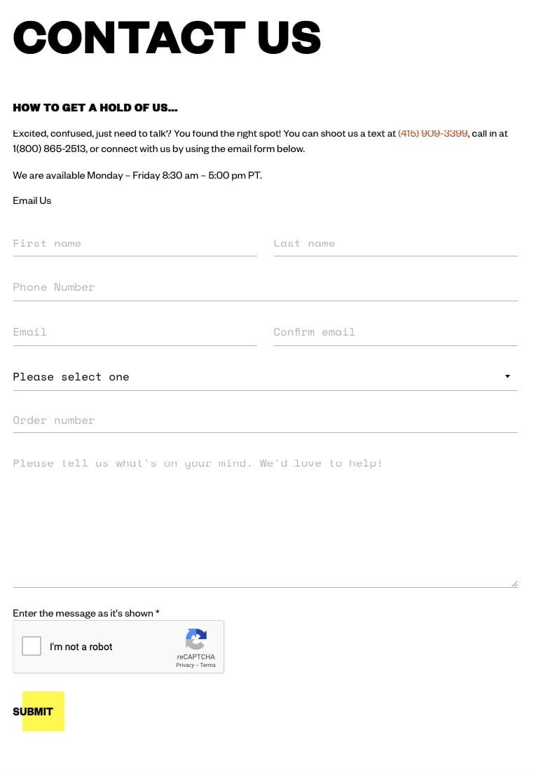 Timbuk2's contact form example that says "Contact us"