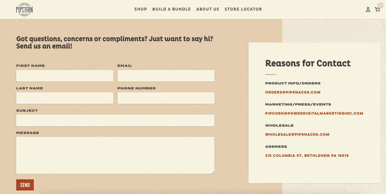 Pipcorn's form example that says "Got questions, concerns, or compliments? Just want to say hi? Send us an email!"