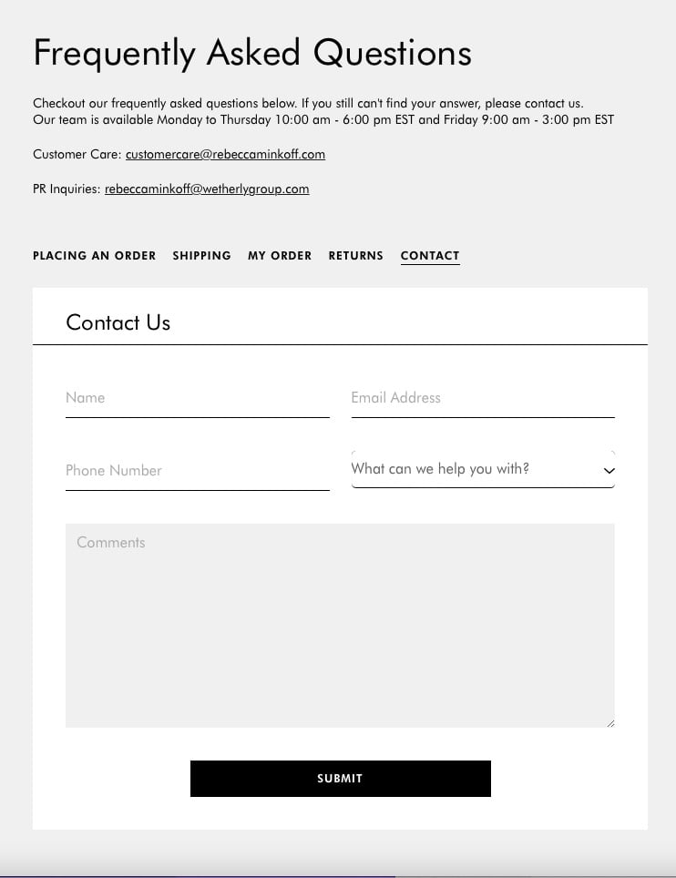 Rebecca Minkoff's contact form example that starts with frequently asked questions