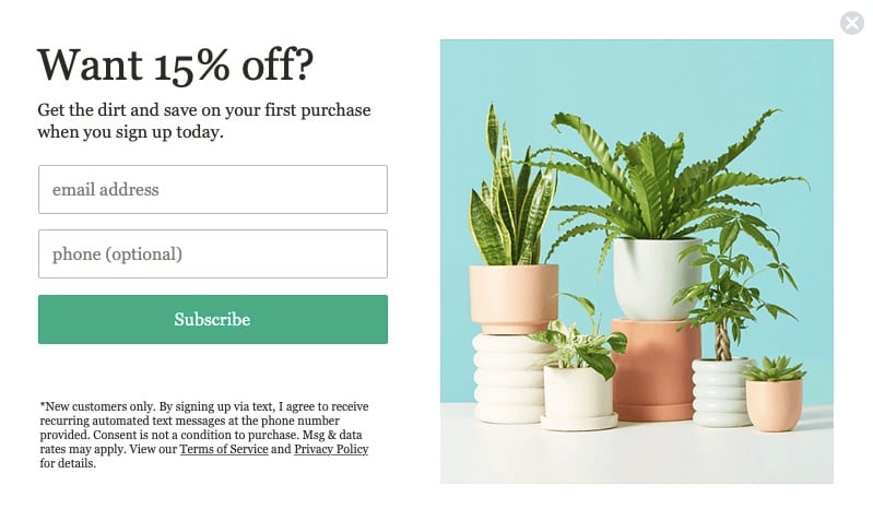 The Sill's email newsletter popup form example that says "Want 15% off?"