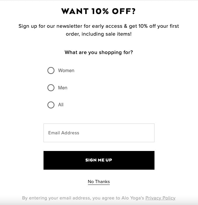 Aloyoga's discount form popup example that says "Want 10% off?"