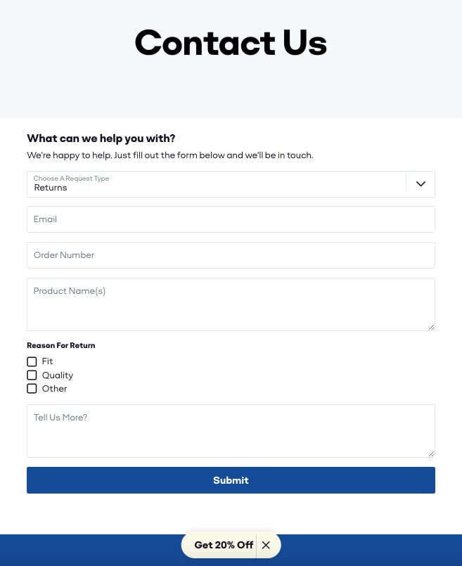 Bombas' contact form example hat says "Contact us"