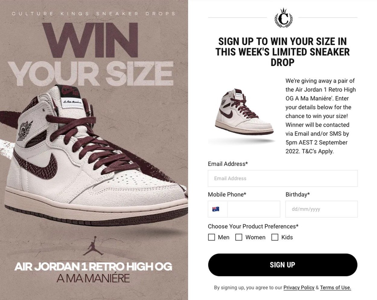 Culturekings' popup form example that says "Win your size" and an image of a shoe